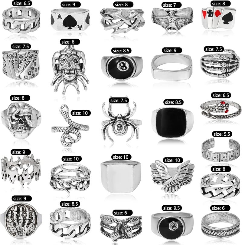 Acruccen 26 Pcs Vintage Silver Punk Rings Set for Men Cool Gothic Chunky Rings Statement Snake Wing Signet Ring Set - Image 5